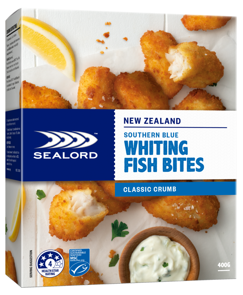 Sealord New Zealand Southern Blue Whiting Fish Bites in Classic Crumb, 400g box, featuring golden crumbed fish bites with a lemon wedge and dipping sauce