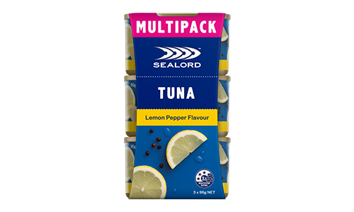tuna 3 pack, sealords 95 gram cans ready to eat lemon and cracked pepper flavour