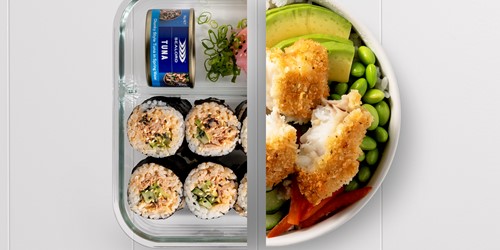Glass container with homemade spicy tuna sushi rolls beside a vibrant coconut fish poke bowl with edamame, avocado, and vegetables.