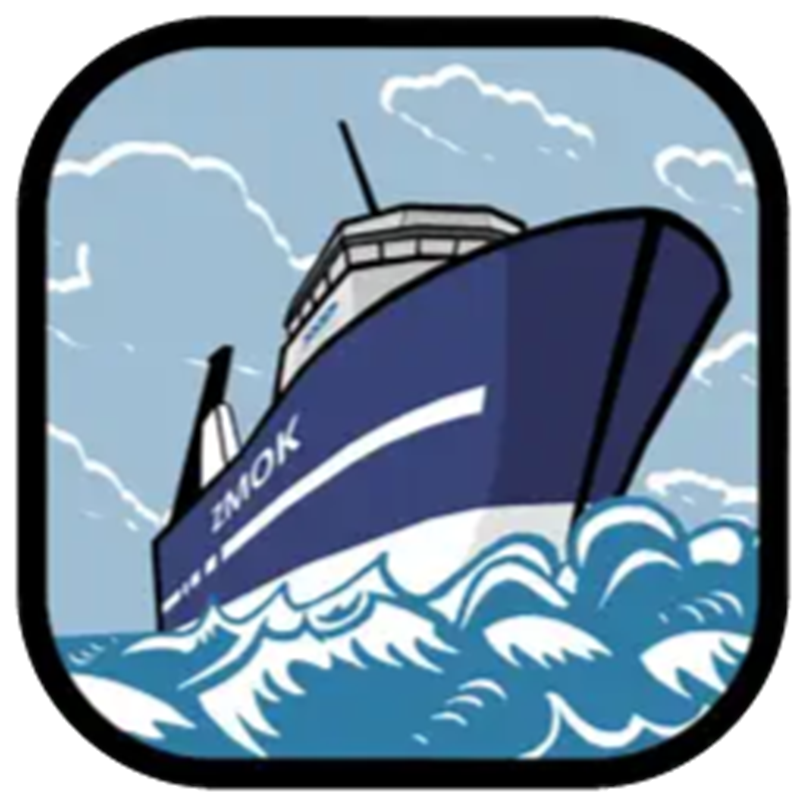 Illustration of a blue fishing vessel navigating through ocean waves, framed within a rounded square border.