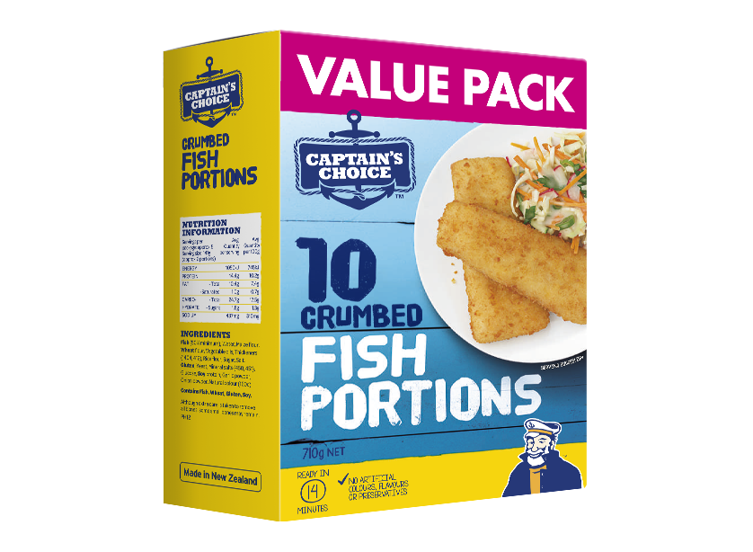 Sealord Captain’s Choice Crumbed Fish Portions – 10-piece value pack box with golden crumbed fish portions and slaw pictured on a white plate.