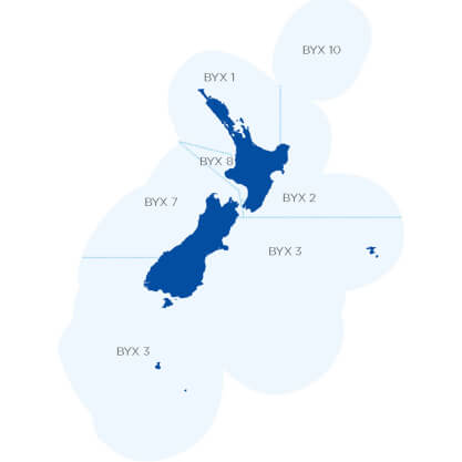 Map of New Zealand showing fishing management areas labeled BYX 1, BYX 2, BYX 3, BYX 7, BYX 8, and BYX 10