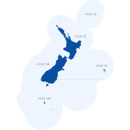 drawing of nz map and the surrounding water of where you can find hoki fish