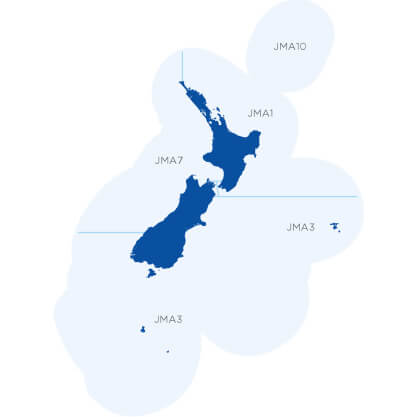 drawing of nz map and the surrounding water of where you can find the fish jack mackerel