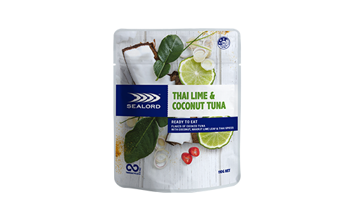Sealord Thai Lime & Coconut Tuna pouch featuring lime slices, coconut, herbs, and spices—ready-to-eat tuna with zesty Thai flavours.