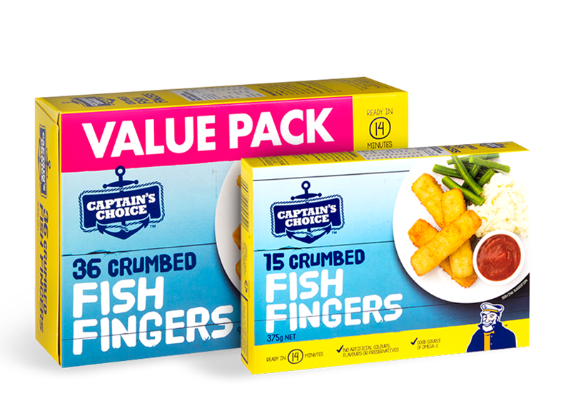 Sealord Captain’s Choice Crumbed Fish Fingers – 15-pack and 36-pack boxes shown, with golden fish fingers, green beans, mash, and dipping sauce on pack.