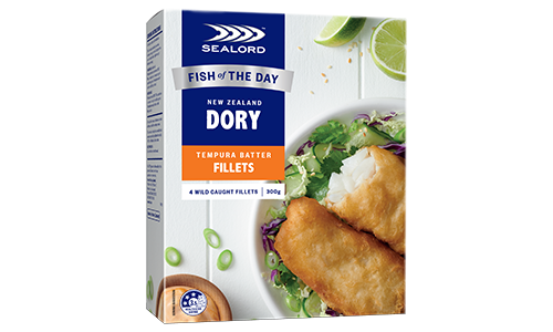 Sealord Tempura Batter Dory Fillets – boxed packaging showing golden crispy dory fillets served with fresh salad, lime, and spring onion garnish.