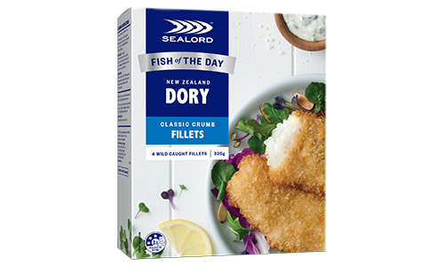 Sealord Classic Crumb Dory Fillets – boxed packaging with golden crumbed fillets, fresh salad, lemon wedge, and tartare sauce.