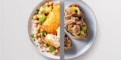 Split plate showing crispy hoki with chickpea and avocado salad on one side, and tuna salad on toast with red onion and avocado on the other .