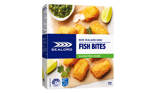 Sealord Gluten Free Hoki Fish Bites – boxed packaging showing golden, bite-sized crumbed hoki pieces with lime wedges and green dipping sauce.