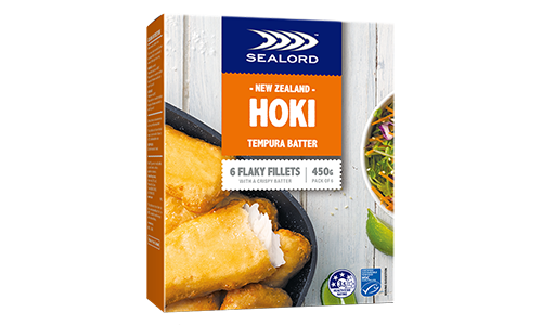 Sealord Tempura Batter Hoki Fillets – boxed packaging showing 6 golden flaky fillets with crispy batter, served with fresh slaw and lime.