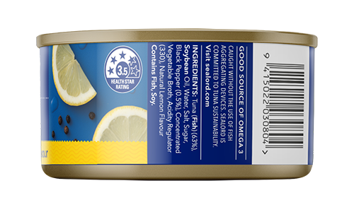 cannedt una Lemon & Cracked Pepper, with blue yellow and white packaging branded by sealord. on a transparent background nutrition label