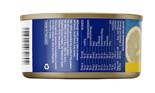 cannedt una Lemon & Cracked Pepper, with blue yellow and white packaging branded by sealord. on a transparent background- ingredient list