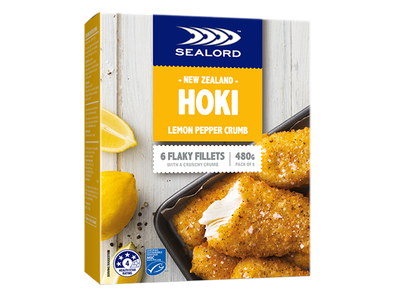 Sealord Lemon Pepper Crumb Hoki Fillets – boxed packaging showing 6 golden crumbed fillets with cracked pepper and lemon wedges.