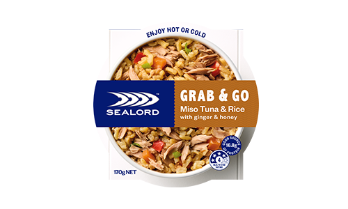 Sealord Grab & Go Miso Tuna & Rice meal with ginger and honey, shown in a convenient ready-to-eat bowl with brown jasmine rice, tuna, and colourful vegetables.