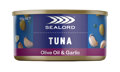 Sealord Tuna Olive Oil & Garlic can – 185g tuna in a rich blend, with garlic cloves and olives illustrated on a blue and maroon label.