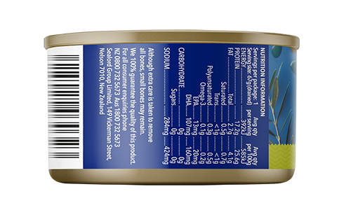 Sealord Tuna in Olive Oil can – 95g tuna with rich olive oil, featuring olive illustrations and a green and blue label design. ingredient list