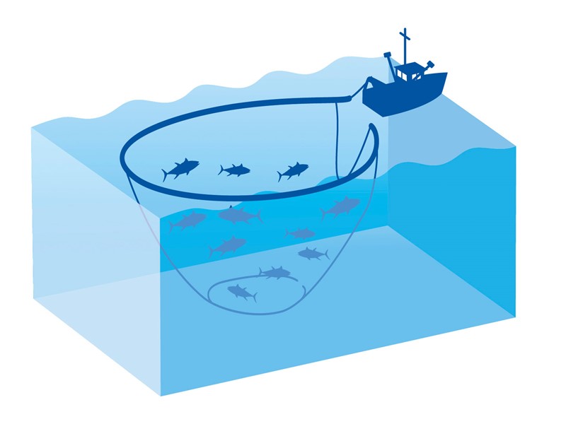 Illustration of a fishing boat at sea with its net extended in the water, actively catching fish.