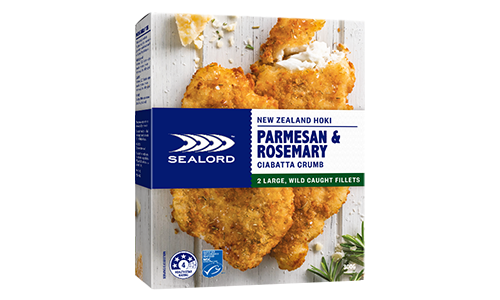 Sealord Parmesan & Rosemary Crumb Hoki Fillets – boxed packaging showing 2 large golden crumbed fillets with parmesan flakes and herbs.