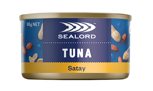 Sealord Tuna Satay can – 95g ready-to-eat tuna with creamy satay flavour, featuring peanut graphics on a blue and gold label.