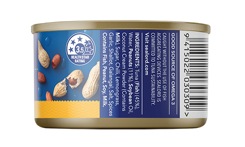 Sealord Tuna Satay can – 95g ready-to-eat tuna with creamy satay flavour, featuring peanut graphics on a blue and gold label. nutrition label