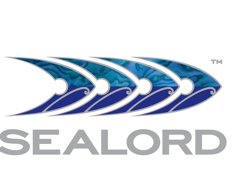 Sealord logo featuring stylized fish in a wave design with paua shell texture and bold text.