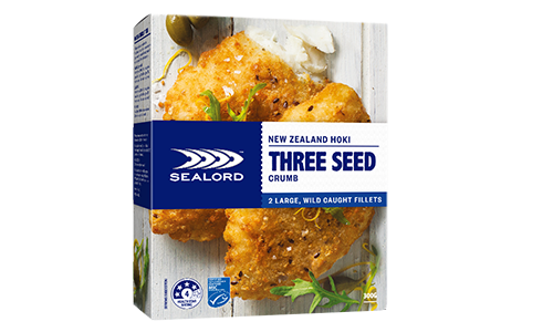 Sealord Three Seed Crumb Hoki Fillets – product box with 2 golden hoki fillets coated in linseed, sunflower, and sesame seed crumb.