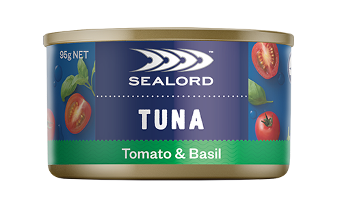 Sealord Tuna Tomato & Basil can – 95g ready-to-eat tuna with tomato and basil, in a bold blue and green label featuring fresh ingredient illustrations.