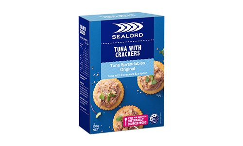 Sealord Tuna with Crackers – boxed packaging featuring creamy tuna spread on round crackers, labeled as sustainably sourced and ready-to-eat.