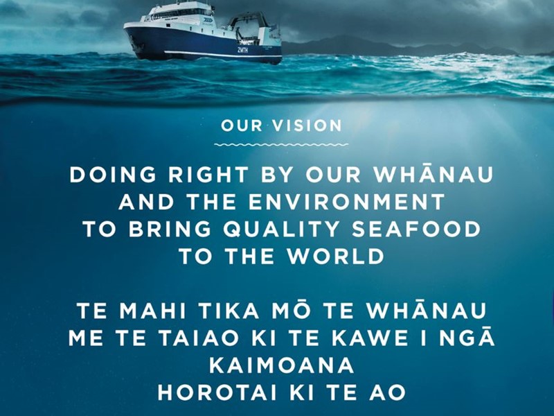 Sealord's company vision displayed over an underwater ocean scene with a fishing vessel above. Text reads "Doing right by our whānau and the environment to bring quality seafood to the world" in English and Te Reo Māori.