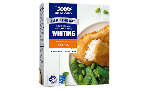 Sealord Tempura Batter Southern Blue Whiting Fillets – boxed packaging showing golden crispy fillets served with green vegetables.