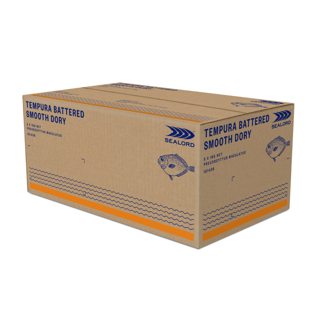 Cardboard carton labeled "Tempura Battered Smooth Dory" by Sealord, 5 x 1kg net. The box features blue branding, fish illustrations, and an orange stripe accent along the bottom edge.